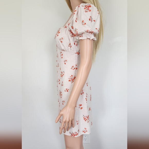 BARDOT FLORAL BEIGE SMOCKED COTTON CAP SLEEVES MINI SHORT SEXY DRESS 6 SMALL - Picture 4 of 14